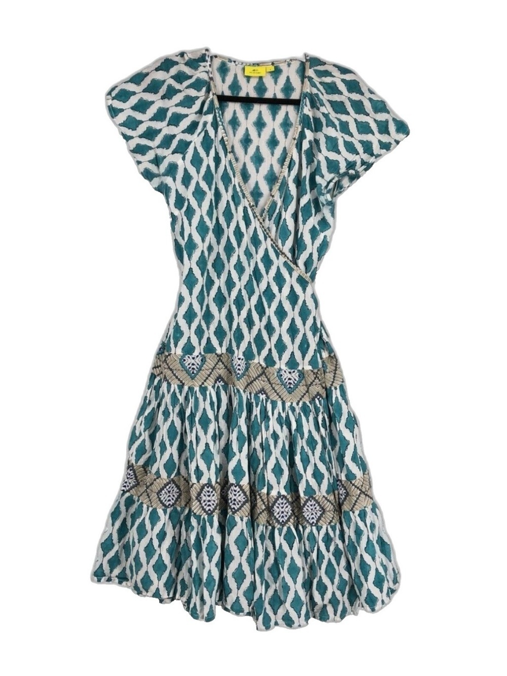 Roller Rabbit Block Print Mini Wrap Dress 100% Cotton Flowy Boho Size Medium